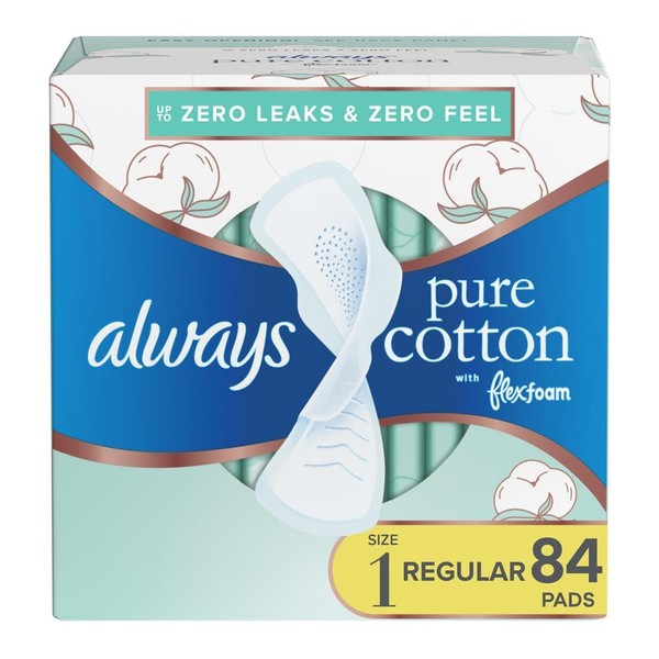 Always Pure Cotton, Feminine Pads For Women, Size 1 Regular Absorbency, Multipack, With Flexfoam, With Wings, Unscented, 28 Count x 3 Packs (84 Count total)