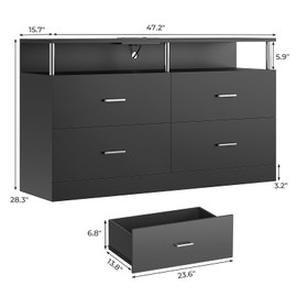 AOGLLATI Black Dresser for Bedroom with Charging Station, Bedroom Dressers with 4 Drawer, Dressers & Chests of Drawers with Column Design,Modern Led Wide Dresser for Living Room, Black