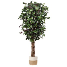 plant Artificial Ficus Tree 6ft in Pot Fake Silk Plant Green Red Leaves Natural Trunk for Indoor Outdoor Home Garden Decor