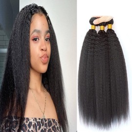 QEUOPE Color 1B Natural Black Yaki Straight Bundles Human Hair Kinkystraight Bundles Double Weft Brazilian Hair Extensions Silky and Soft for Women (8 10 12 inch 3 Bundles)