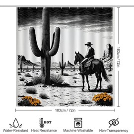 4PCS Classic Desert Cowboy Cactus Mountain Flower Shower Curtain Set 72W X 72L, Rustic Horses Black Print Bathroom Decor, Toilet Lid Cover Non-Slip Rugs and U-Shaped Mat Set 12 Hooks
