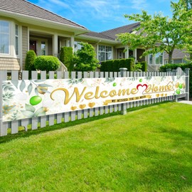 HONMOK HONMOK Welcome Home Decorations, Green Gold Welcome Home Banners, Welcome Back Banner, We Missed You Hanging Banner, Welcome Back Backdrop for Homecoming Family Returning Housewarming Party Supplies