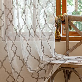 AmHoo 2 Panels Moroccan Geo Embroidered Farmhouse Semi Sheer Curtains Faux Linen Voile for Living Room Bedroom Window Treatment White Brown 53 x 63 Inch