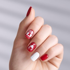 KISS imPRESS Holiday Press On Nails, ‘Feelin' Festive’, Red, Short Squoval, 3D Effect, Improved Super Hold Adhesive, 30 Fake Nails, Prep Pad, Mini Nail File, & Manicure Stick