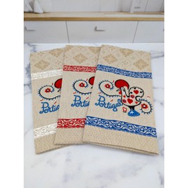 Embroidered Portuguese Rooster Kitchen Dish Towels Set of 3, Blue, White and Red