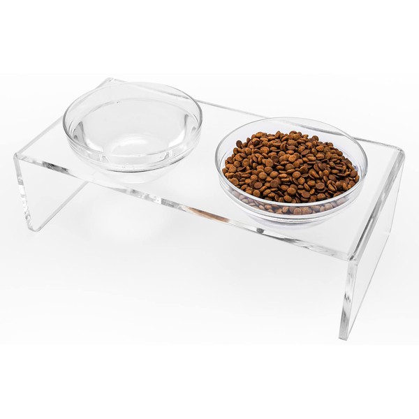 Acrylic Elevated Dog Cat Bowls Pet Feeder Double Bowl Raised Stand Comes with 2 Removable Glass Bowls and 2 Stainless Steel Bowls.Perfect for Medium Dogs, 5.5" Tall