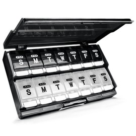 Organizador de píldoras de 7 días (dos veces al día) – Remtise Am/Pm diario pastillero organizador de medicamentos, pastillero semanal con botón para píldoras, vitaminas, aceite de pescado, suplementos (blanco y negro)