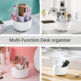 Office Desk Accessories, White Office Supplies 360°Pen Holder Desk Organizers And Accessories with Tape Dispenser, Stapler, Staple Remover, 1000 Staples, Tape, Clips Set, Ruler, Scissor, Pen