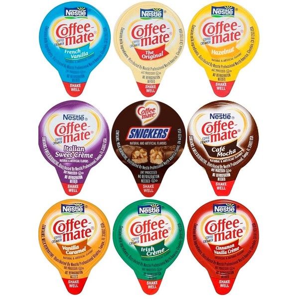 Coffee Liquid Creamers, 5-9 Flavor Variety Pack (36 Count) - with Make Your Day Stirrer