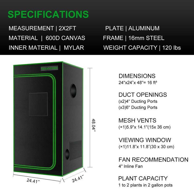 MELONFARM 2x2 Grow Tent, 24"x24"x48'' High Reflective 600D Diamond Mylar