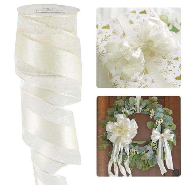 HUIHUANG Ivory Sheer Wired Ribbon with Satin Stripe 2.5 inch