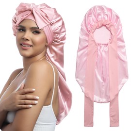 AWAYTR AWAYTR Long Satin Bonnet for Women - Double Layer Elastic Silk Bonnet for Braids Hair Sleeping Cap with Tie Band (Pink)