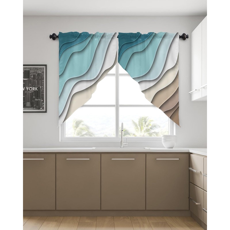 BEMIGO Swag Valances for Windows, Ombre Stripes Turquoise Brown Rod