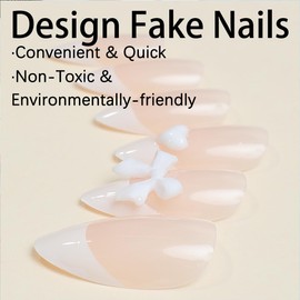 24 Pcs Medium French Tip Press on Nails Almond Shaped Fake Nails with Designs White Flower Bow Charm Designs Cute Acrylic Nails Glossy White Nail Tips False Nails Full Cover Glue on Nails for Women