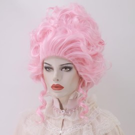 Women Short Vintage Beehive Queen Wig Curly Wig Halloween Party Costume Wig (Pink)