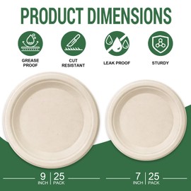 LANLISA 50 Compostable Paper Plates, Includes 25-9" & 25-7" Heavy Duty Disposable Plates, Biodegradable Sugarcane Bagasse, Brown