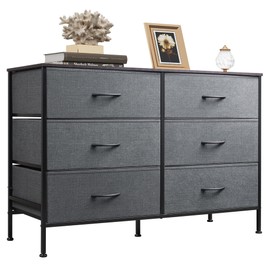 WLIVE Dresser for Bedroom with 6 Drawers, Wide Fabric Dresser TV Stand for 50 Inches TV with Metal Frame, Wooden Top, Fabric Storage Organizer for Livingroom, Hallway, Dark Gray