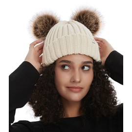 Hat Hut Winter Hats for Women Satin Lined Beanie Hats for Women Ladies Bobble Hat Double Pom Pom Beanie Cap (B3-Beige 2 Poms)