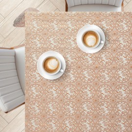 KP HOME Lace Embroidery - Waterproof Wipe Clean Tablecloth Square 53.9” x 53.9” (137x137cm) - Wipeable Plastic Table Cloth Vinyl PVC Oil Cloth Table Cover - Gold and White Medallion Pattern