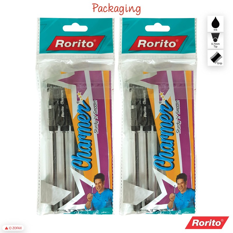 rorito 10 x 0.7mm Charmer BLACK Ballpoint Pens Soft Grip
