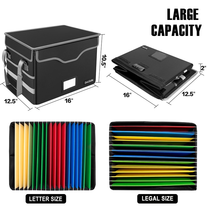DocSafe Fireproof Document Box with Lock,File Storage Organizer with Pockets,Collapsible