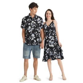 PATPAT Matching Hawaiian Outfits for Couples Beach Vacation Tropical Print Women Spaghetti Strap Dress, Men Cruise Shirt, Midnight Black, Medium