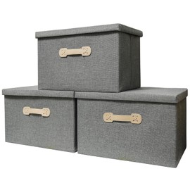 Enzk&Unity Decorative Storage Boxes with Lids, 3 Pack Grey Fabric Storage Bins with Handle, Foldbale and Stackable Storage Boxes for Shelf, Closet, Bedroom, Living Room