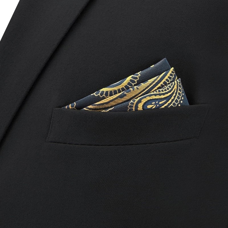 SHLAX&WING Paisley Black Golden Pocket Square Men's Necktie Silk MH10