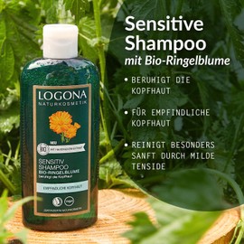 LOGONA Naturkosmetik Sensitive shampoo for naturally healthy hair, suitable for sensitive, sensitive scalp, mild hair shampoo with vegan formula from organic marigold, 1 x 250 ml