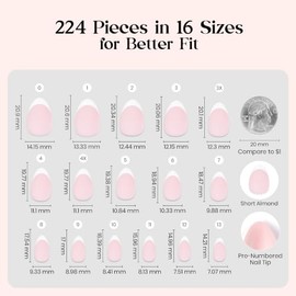 beetles Gel Polish Uñas Postizas Beetles con Punta Francesa: 224 Unidades, Color Rosa, Cortas, Almendradas, de Gel Suave. No Requieren Limado. Diseños