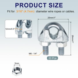 sourcing map 20 Pcs M6 Steel Wire Rope Clip Clamps, 1/4" Wire Rope U-Bolt Cable Clamps Saddle Fastener FOR Wire Rope Rigging Tent Rope Guardrail System