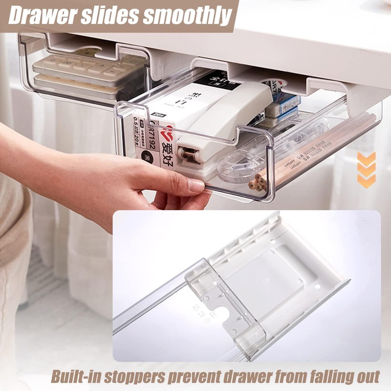 2 Pack Under Desk Storage Drawers Slide Out-Drill-On or Self-Adhesive,Large&Medium