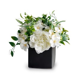 Artificial Flowers with Small Ceramic Vases, Artificial White Rose Flowers Table Decorations Centrepiece, Black Ornaments for Dining Coffee Table Bedroom Shelves Living Room Window Sill Decoration