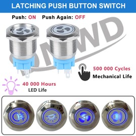 DMWD 1pc 19mm Metal Latching Push Button Switch Fan Symbol 3/4" Mounting Hole 12V-24V Silver Shell 1NO 1NC SPDT with Pre-Wired Socket for Car Truck Boat Modification Blue LED