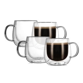 CNGLASS 12oz Double Walled Glass Coffee Mugs(4-pack),Large Clear Coffee Cups with Handle,Glass Espresso Mugs for Latte,Cappuccino,Tea