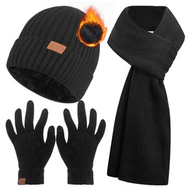 Ziwijity Scarf Hat and Touchscreen Gloves Set for Men Women Winter 3 in 1 Hat Scarf Glove Beanie Knitted Hat Long Scarf Thickened and Soft Wool, black