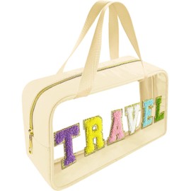 Bunliuys Chenille Letter Clear Makeup Bag Travel Patch, Travel Toiletry Makeup Bag with Handle, Nylon Waterproof Makeup Bags clear cosmetic bag, preppy patch makeup bag for Women (TRAVEL-Beige)