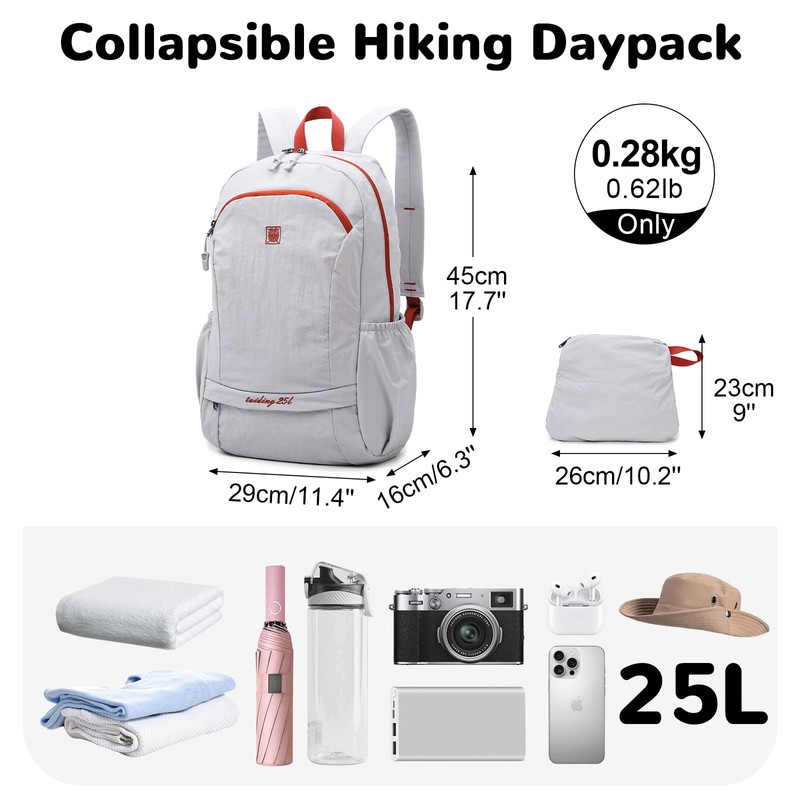 Outplea 25L Foldable Hiking Backpack for Men Women, Gym Backpack