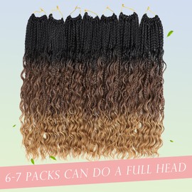 Miuric Boho Box Braids Crochet Hair or Black Women 18 Inch 7 Packs Goddess Box Braids Crochet Hair with Curly Ends Pre Looped Ombre Brown Bohomian Synthetic Crochet Braiding Hair Extensions,1b/30/27
