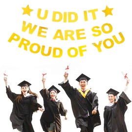 bng-bng WE ARE SO PROUD OF YOU Banner Gold Glittery Graduation Congratulations Decoration U DID IT Bunting Garland for Graduation/Retirement Grad Party Decor Ceremony Decoration Supplies(Pre-strung)