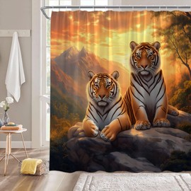 Tiger Shower Curtain African Wildlife Animal Mountain Laying Under Stone Couple Cat Jungle 70" Wx70 H Fabric Bathroom Decor Curtain with Hooks