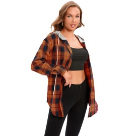 Womens Flannel Shirts Long Sleeve Oversized Boyfriend Shirts Button Down Plaid Hoodie Orange