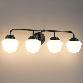 RUIYEY Bathroom Vanity Light Fixtures: 4-Light Matte Black Bathroom Lighting Fixtures Over Mirrors, Farmhouse Rustic Wall Sconce with Milky White Glass for Bath Living Room Cabinet