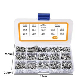 1110 Pieces M3 Screw Kit, M3 Stainless Steel Hex Bolts with Nuts and Washers, Small Metric Screws with Storage Flat Box