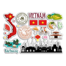 A5 Sticker Sheet Vietnam Landmarks Vinyl Stickers - Vietnamese Map Airport Stamps Skyline Flag Travel Holiday Culture City Aesthetic #79858
