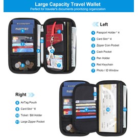 Lacdo Passport Holder Family, Passport Wallet Women Men, Lightweight Portable Travel Document Organizer Passport Card Cover with Removable Wrist & Neck Strap, Up to 4 Passports, Water-resistant, Black