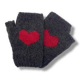 Ella Sussman Hand Knit Alpaca Heart Fingerless Short Glove Fleece Lined Winter Texting Driving Warm Bolivia (Dark Gray With Red Heart, Medium)
