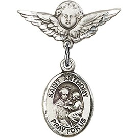 Sterling Silver Baby Badge with St. Anthony of Padua Charm and Angel w/Wings Badge Pin 7/8 X 3/4 inches