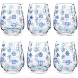 Singhoow 6 Pcs Christmas Snowflake Wine Glasses 19 oz Stemless Winter Drinking Glasses Blue Silver Snowflake Wine Glass Holiday Tumbler Cups Christmas Gifts for Xmas Winter Birthday Party Supplies