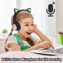 Woukksy Bluetooth Kopfhörer Kinder, Faltbar 85dB Mädchen Kopfhörer Over Ear, Kabellos Kinderkopfhörer mit LED-licht Katzenohren und Mikrofon für Schule/Tablet/Handy/PC (Schwarz)